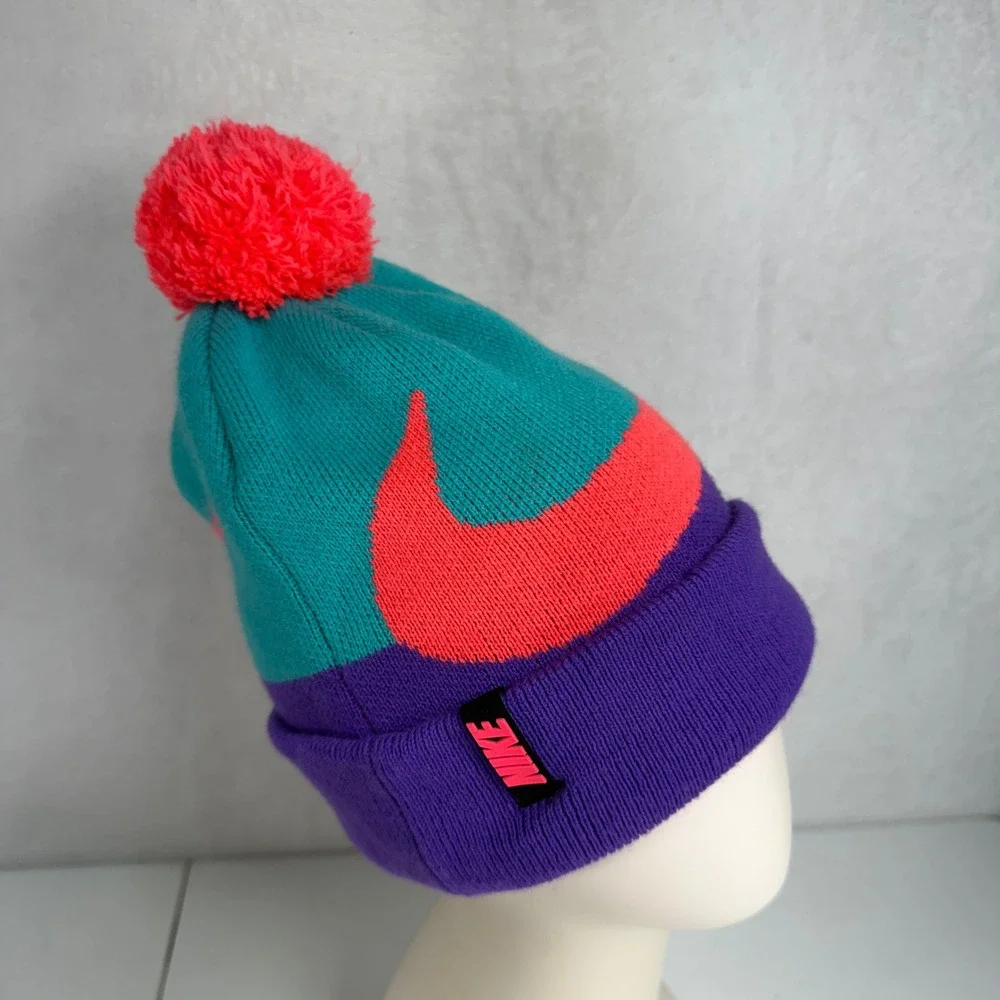 Nike Youth One Size Beanie Pom-Pom Knit Colorblock Purple Teal Pink Swoosh Logo